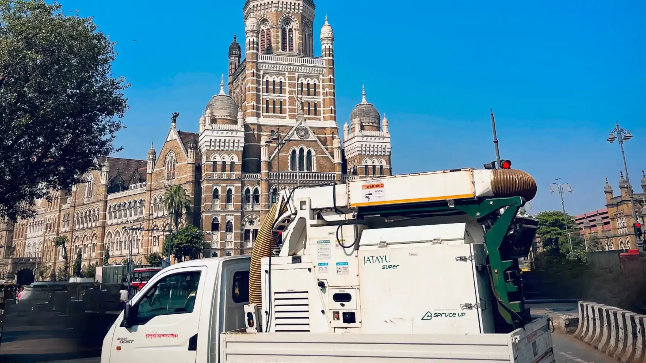 Swachh Bharat cleaning compliance smart city street sanitation solutions, 0 manual handling waste mgmt, urban road dust control solutions by Spruce Up Industries. Heavyduty mechanized equipment built to clean & ensure garbage containment no downtime